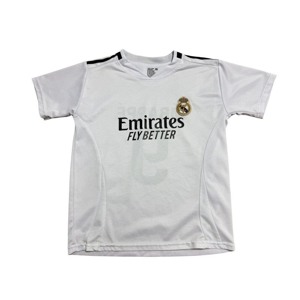 Real Madrid Jersey Shirt Youth Boys 16 White Soccer Emirates Fly Better Mbappe 9